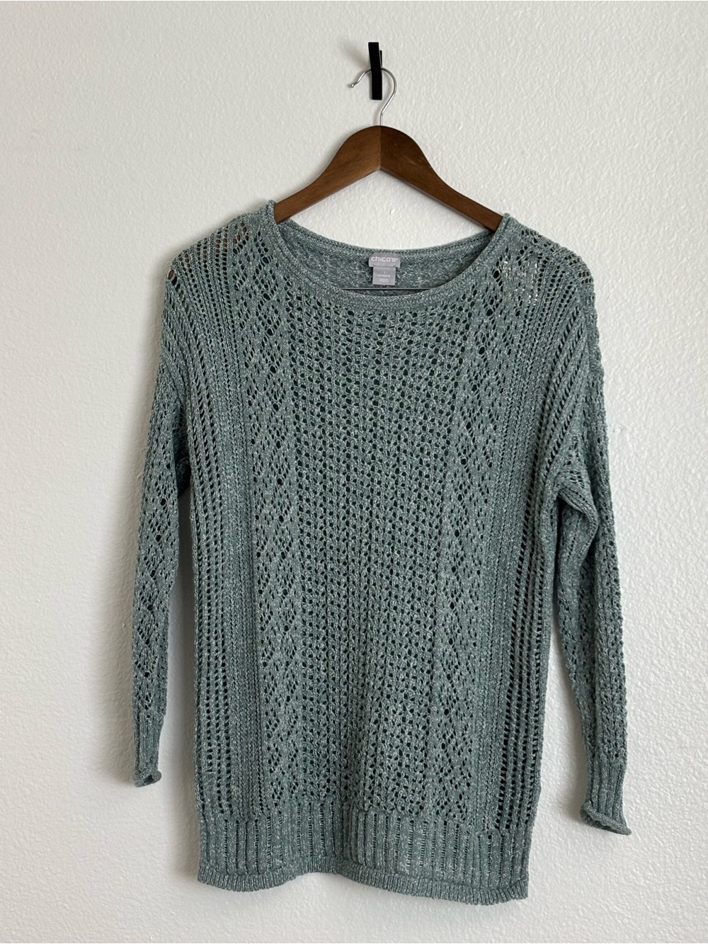 ChicosCozy Open-Knit Crewneck Sweater - Sage Green. Item 011